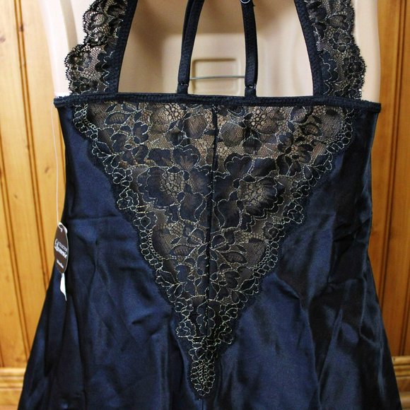 NWT La Vie en Rose Black Satin Nightie Lace Metallic Gold Small SW15 - Picture 9 of 10